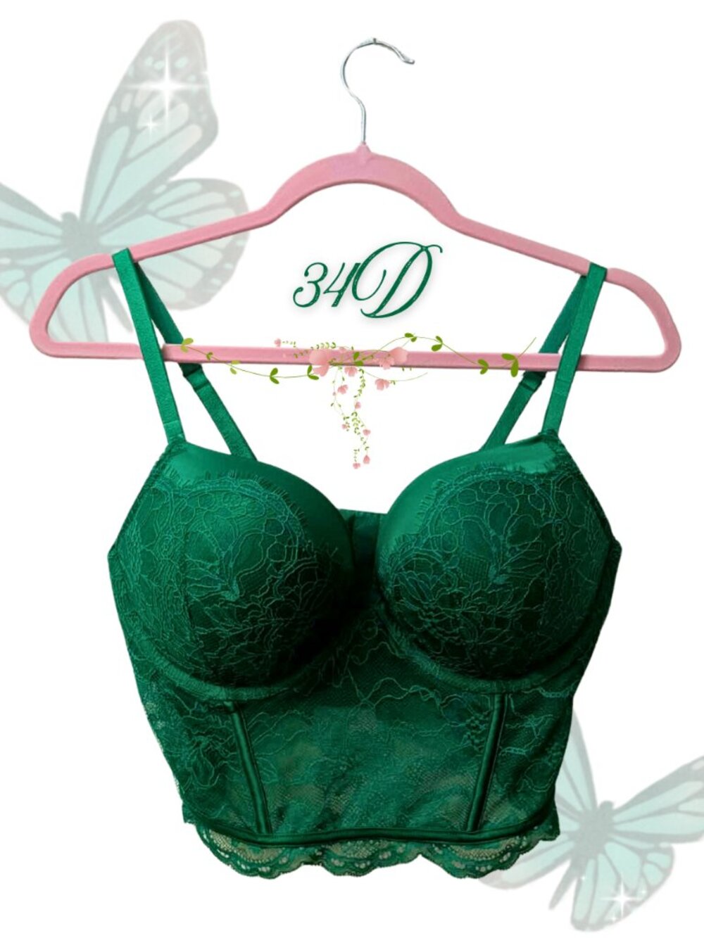 Victoria’s Secret Very Sexy Green Lace Bustier 34D Push Up Bra NWOT